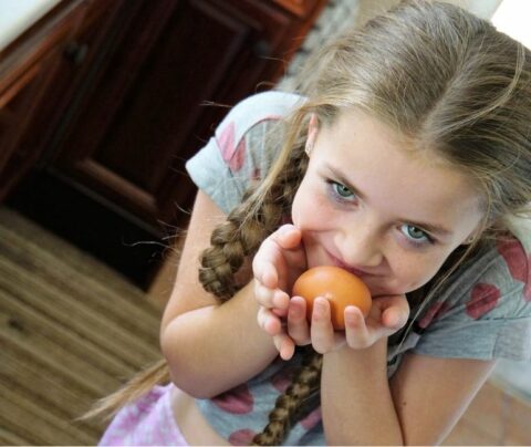 Niña sosteniendo un huevo de gallina Naranja